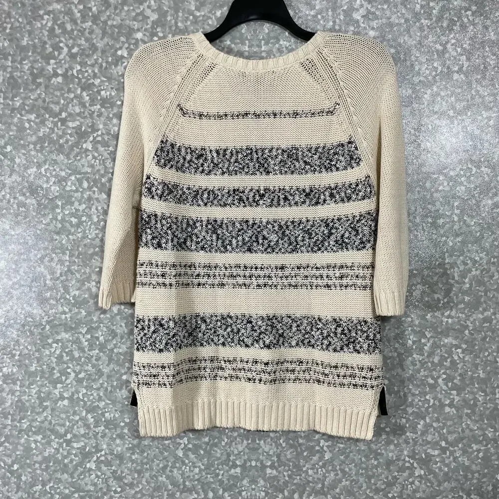 Trouve Ivory Striped Faux Leather Trim Zip Up Cardigan - Size Small - Sweater